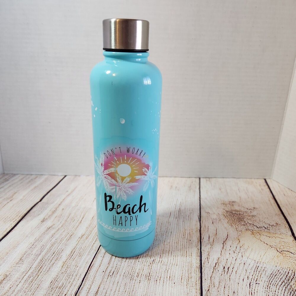 Water Bottle Double Walled Vacuum Sports Bottle Don't Worry Beach Happy Blue